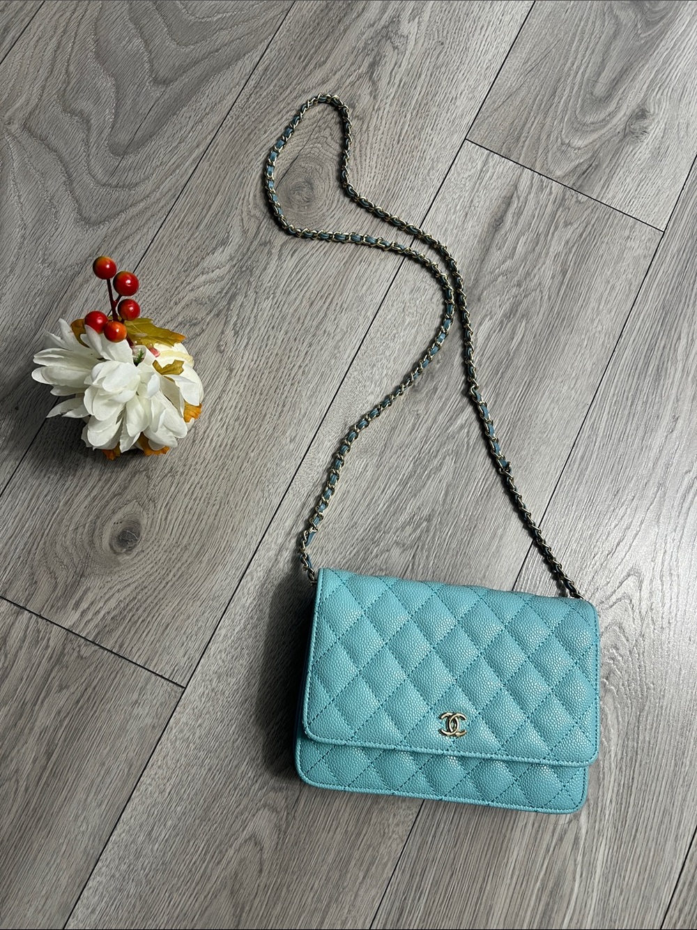 Quilted Leather Flap Bag in Light Blue